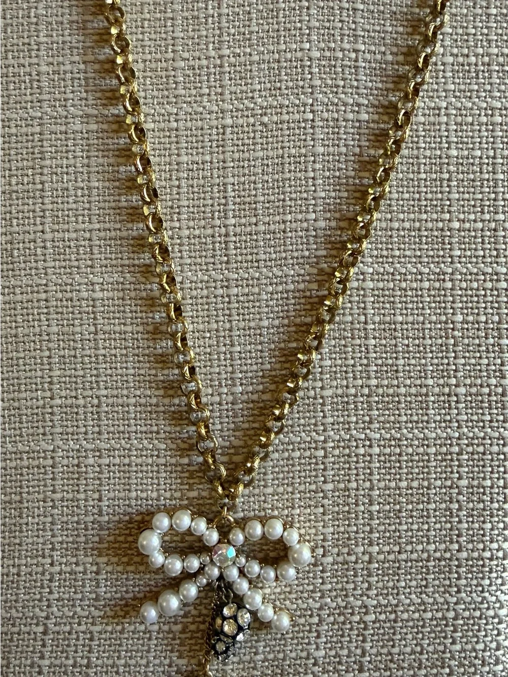 Betsey Johnson Gold-Tone Pearl Bow Necklace with Crystal Heart Pendant - Picture 7 of 8